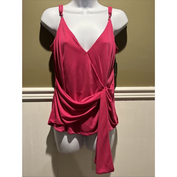 INC NEW Women’s Pink Fuchsia Tank Blouse Faux Wrap Rhinestone accent M Dressy - Picture 1 of 10